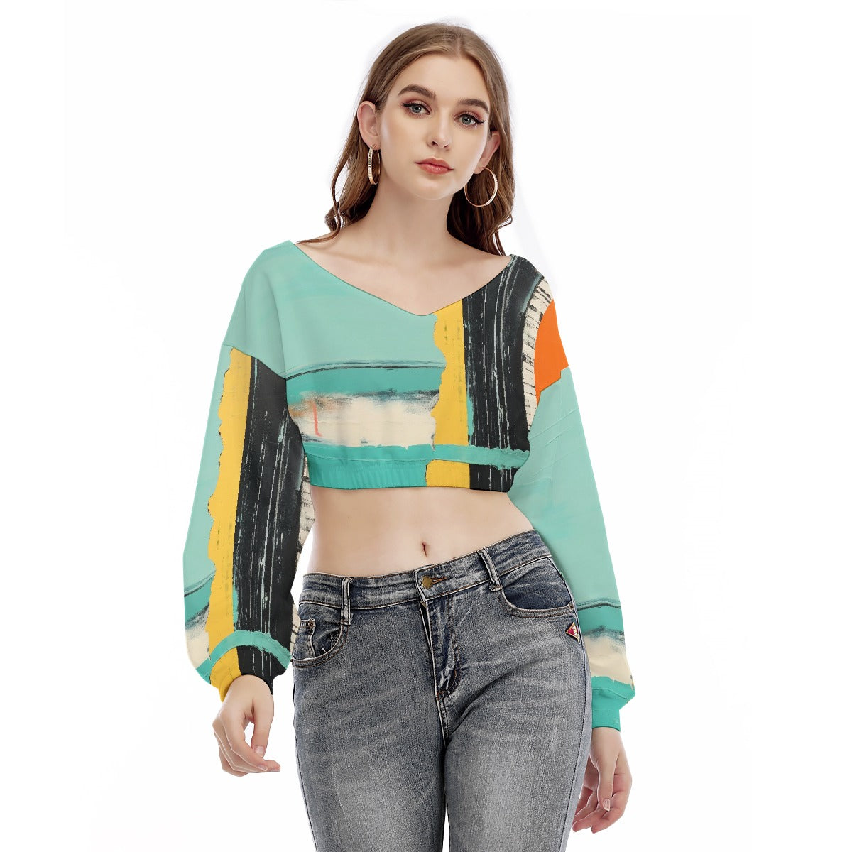 All-Over Print Women's V-neck Long Sleeve Cropped Sweatshirt