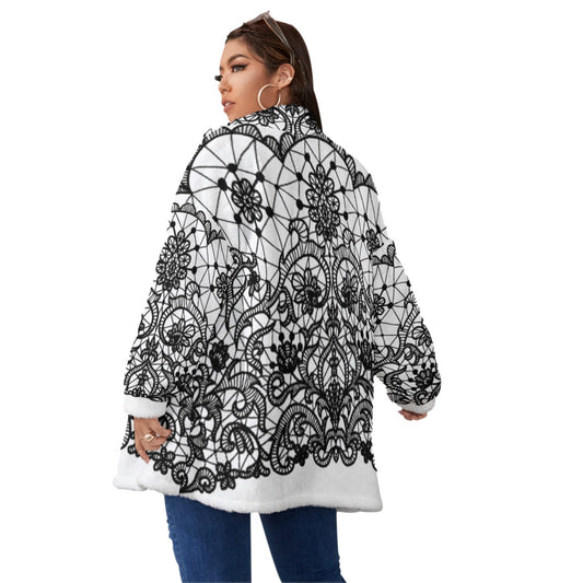 All-Over Print Unisex Borg Fleece Stand-up Collar Coat With Zipper Closure(Plus Size)
