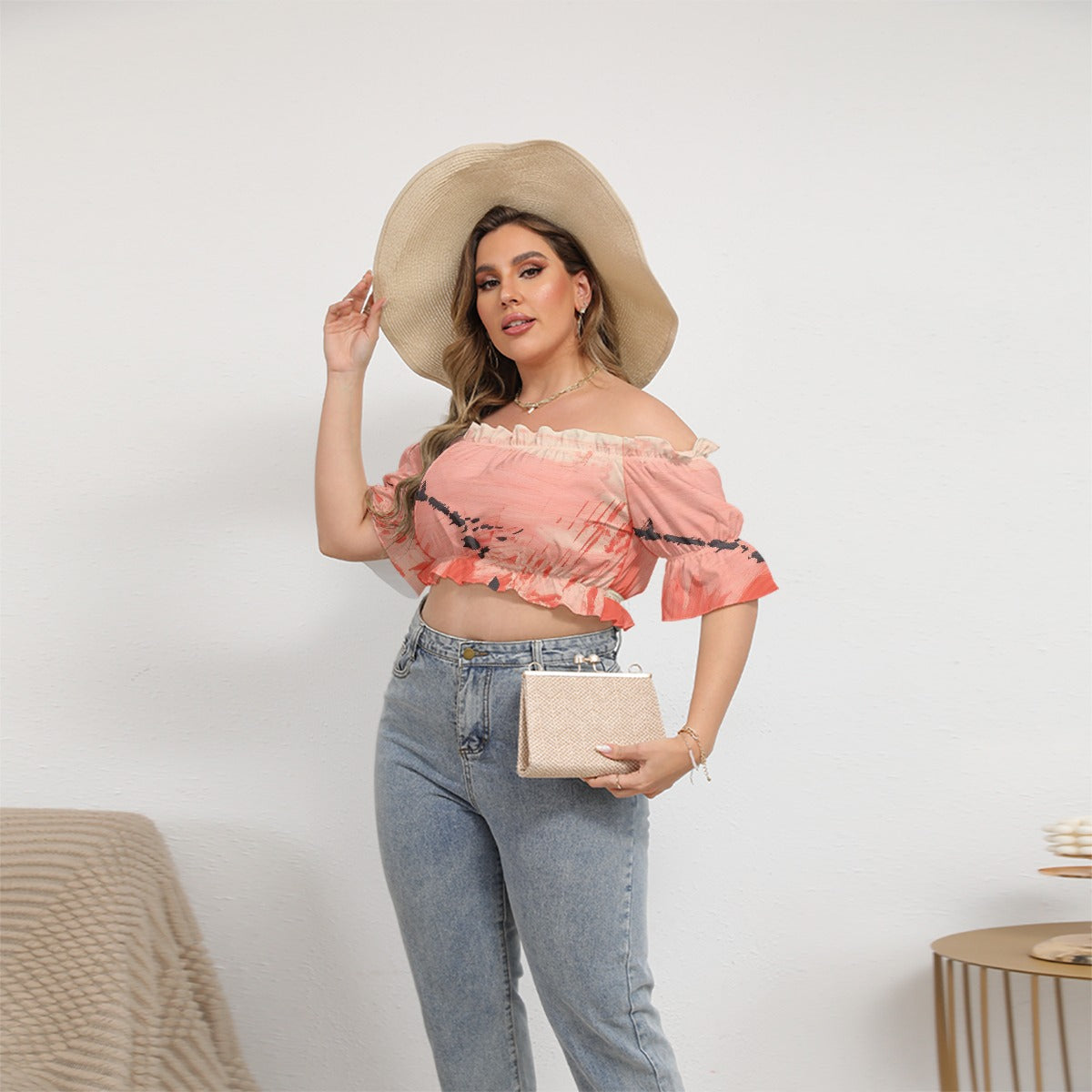 All-Over Print Women's Off-shoulder Cropped Top With Short Puff Sleeve