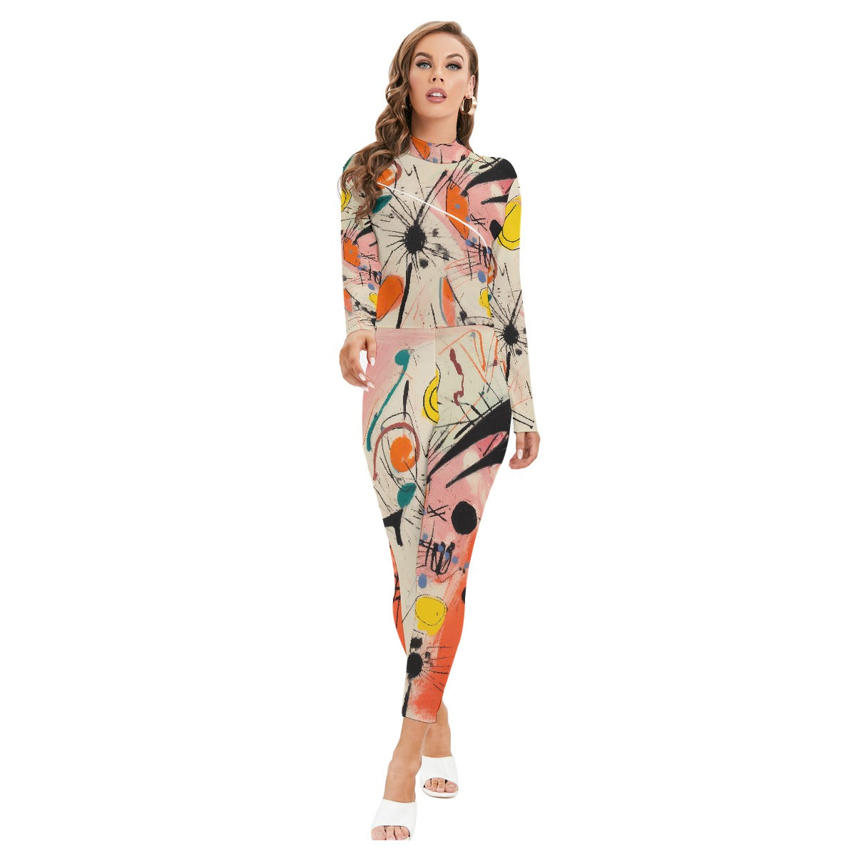 All-Over Print Women's Long-sleeved High-neck Jumpsuit With Zipper