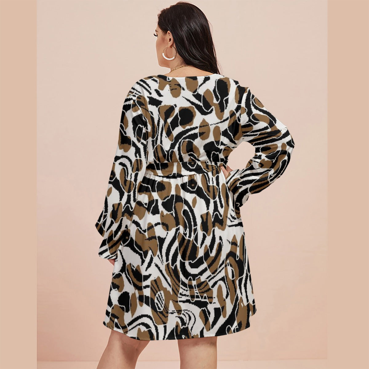 All-Over Print Women's V-neck Dress With Waistband(Plus Size)