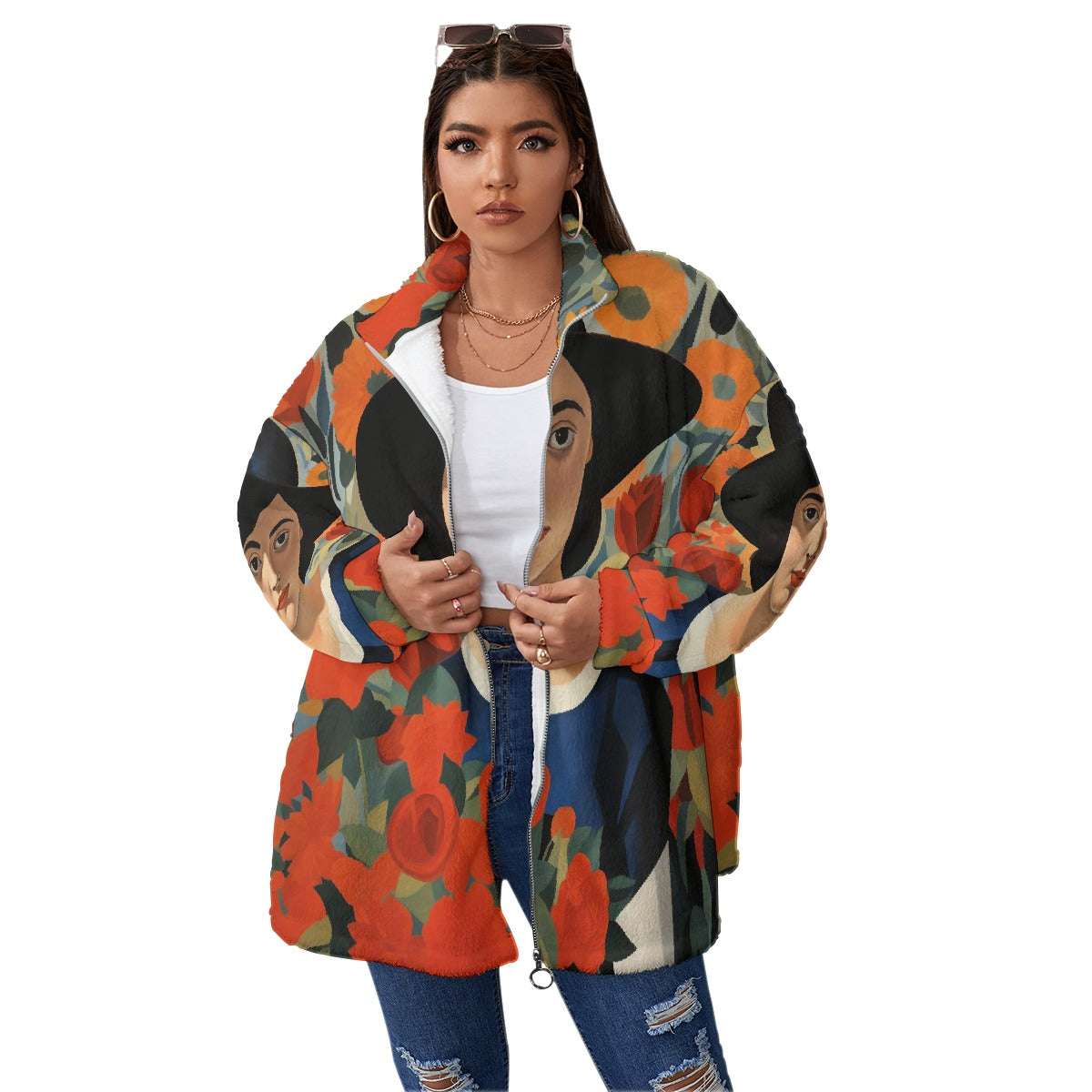 All-Over Print Unisex Borg Fleece Stand-up Collar Coat With Zipper Closure(Plus Size)