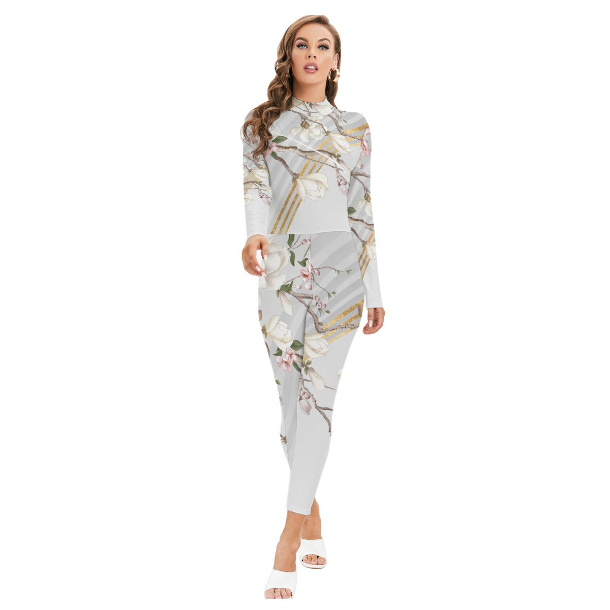 All-Over Print Women's Long-sleeved High-neck Jumpsuit With Zipper