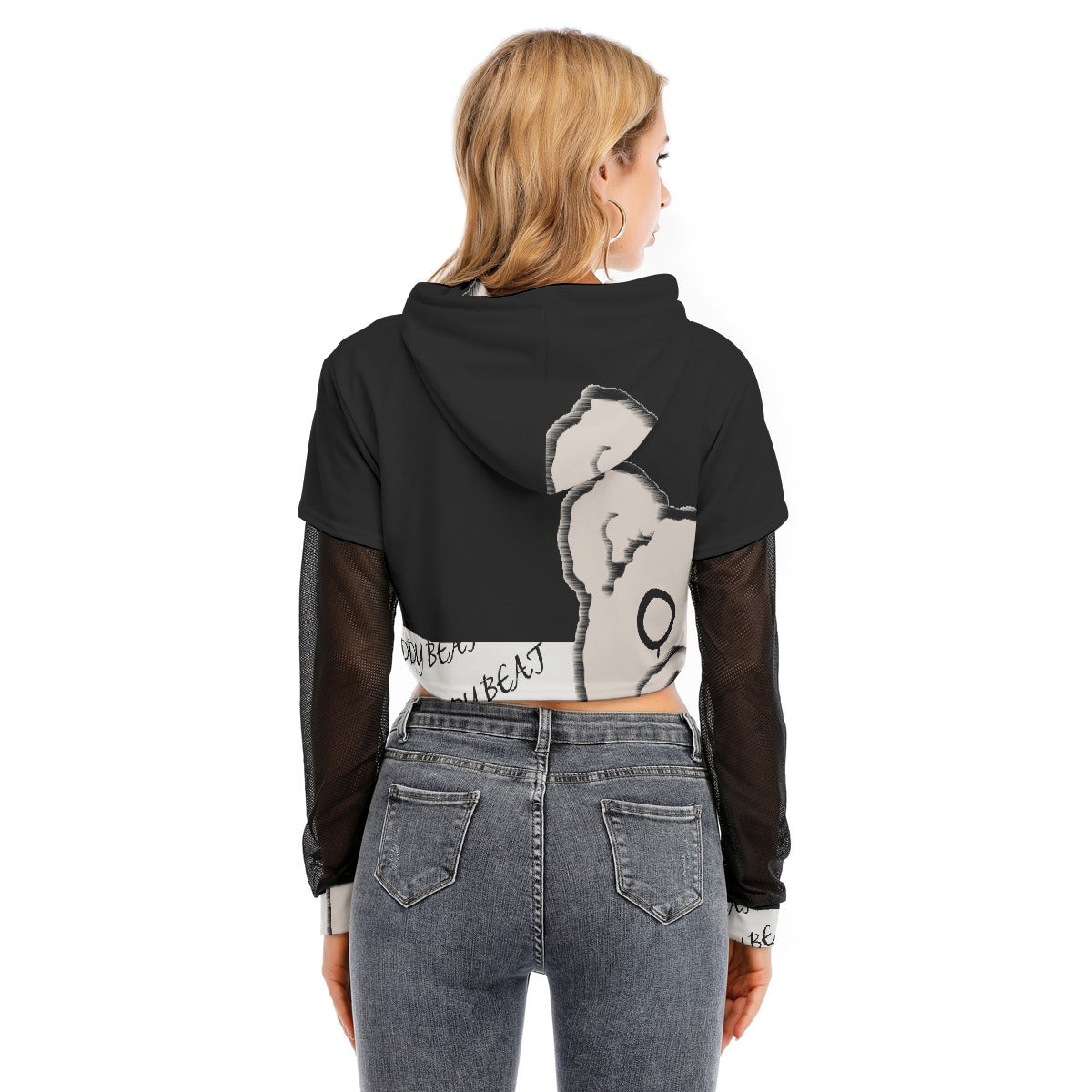 All-Over Print Women's Fake Two-piece Mesh Sleeve Cropped Hoodie
