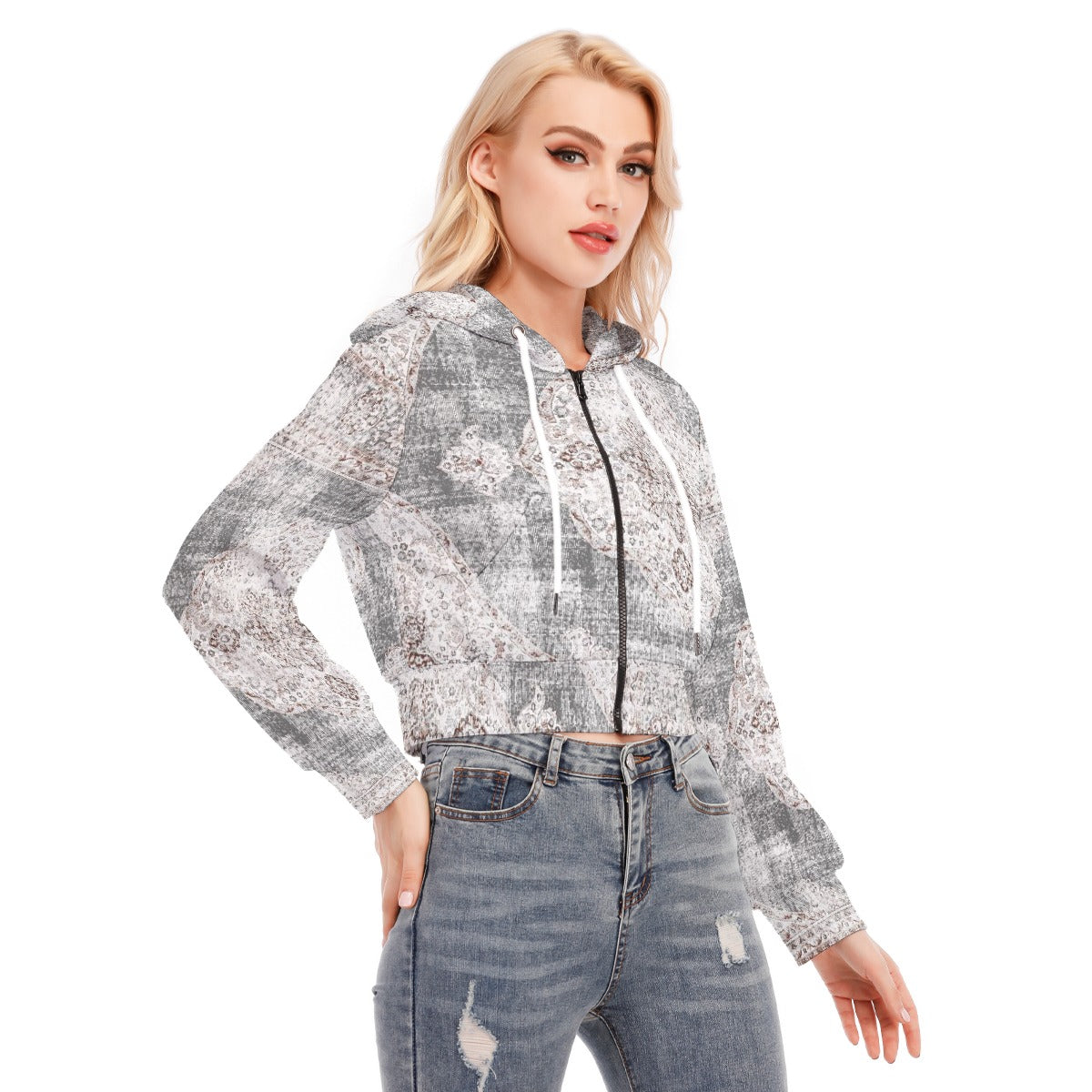 All-Over Print Women's Crop Top Hoodie With Zipper Closure