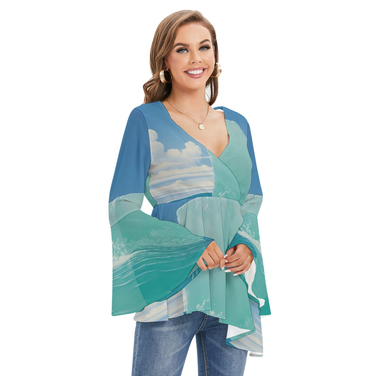 All-Over Print Women's V-neck Blouse With Flared Sleeves