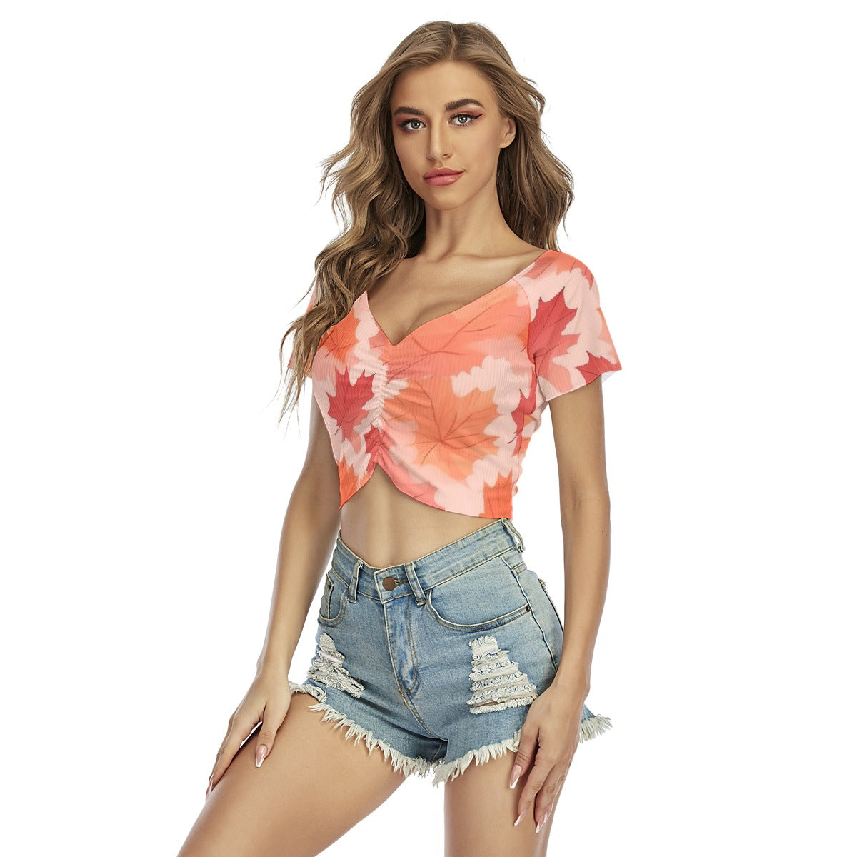 All-Over Print Women's Raglan Drawstring Front  Crop Tee