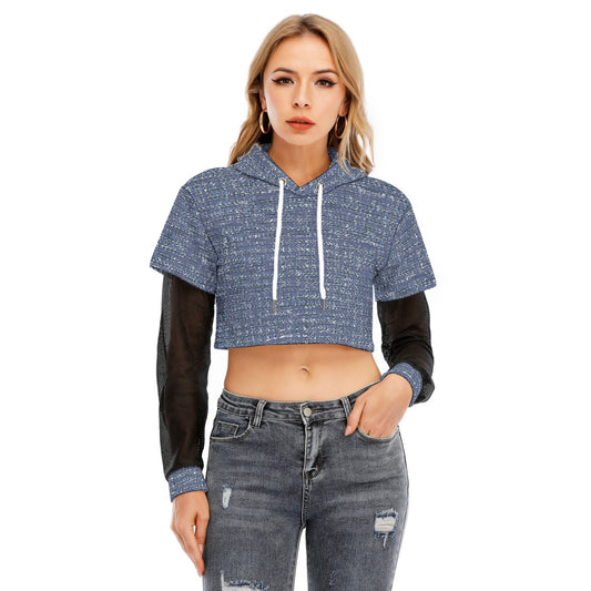 All-Over Print Women's Fake Two-piece Mesh Sleeve Cropped Hoodie