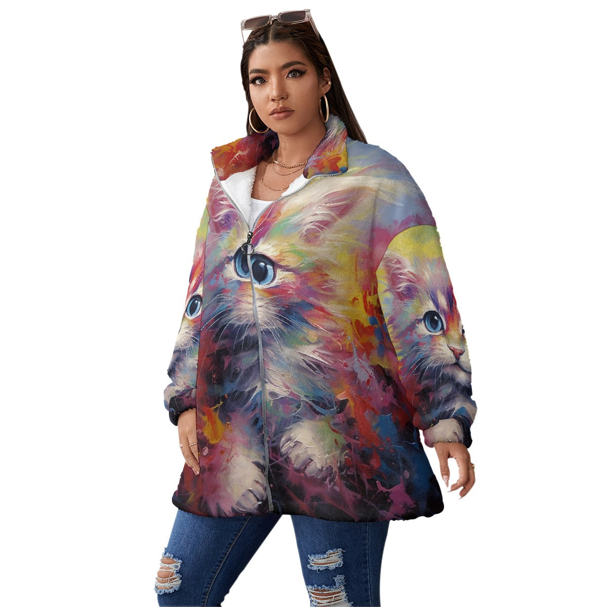 All-Over Print Unisex Borg Fleece Stand-up Collar Coat With Zipper Closure(Plus Size)