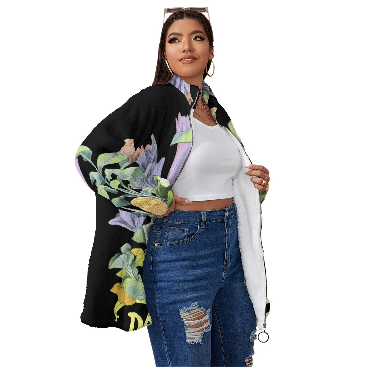 All-Over Print Unisex Borg Fleece Stand-up Collar Coat With Zipper Closure(Plus Size)