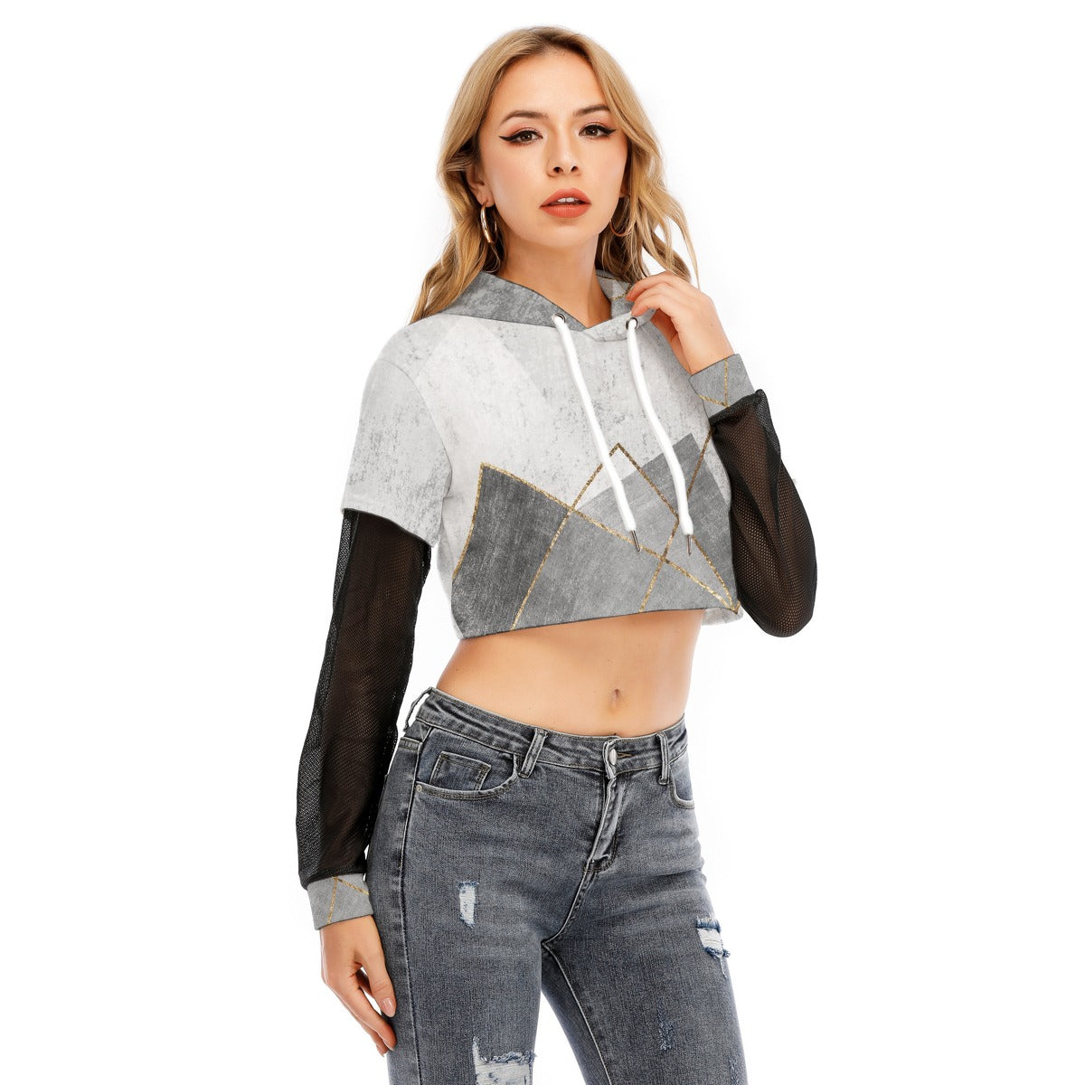 All-Over Print Women's Fake Two-piece Mesh Sleeve Cropped Hoodie
