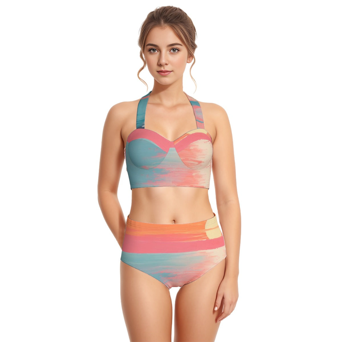 All-Over Print Women's Swimsuit Set With Halter