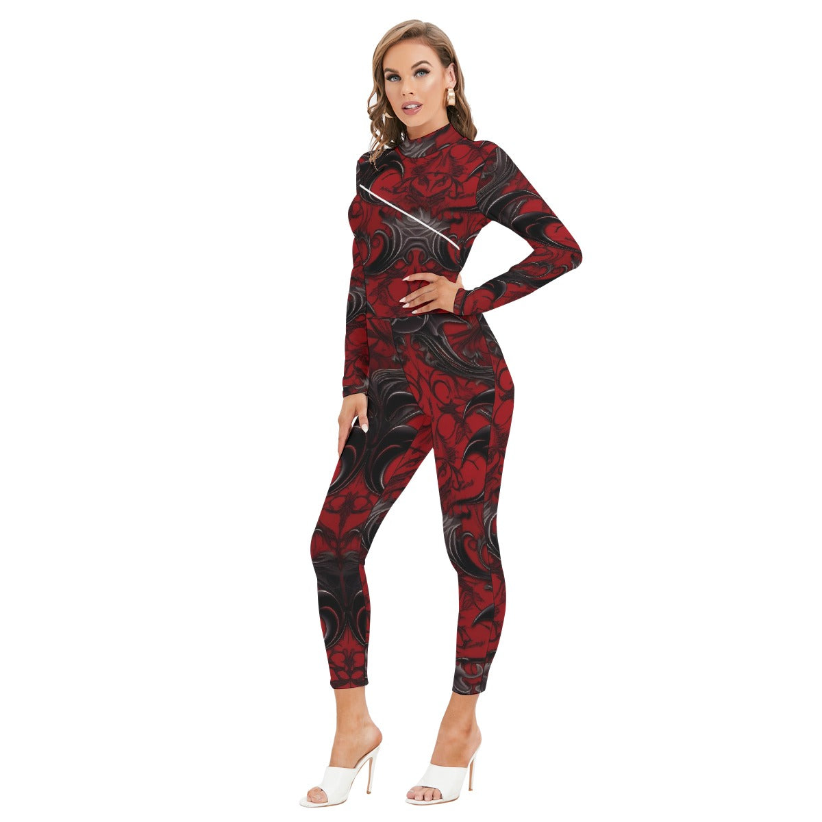 All-Over Print Women's Long-sleeved High-neck Jumpsuit With Zipper