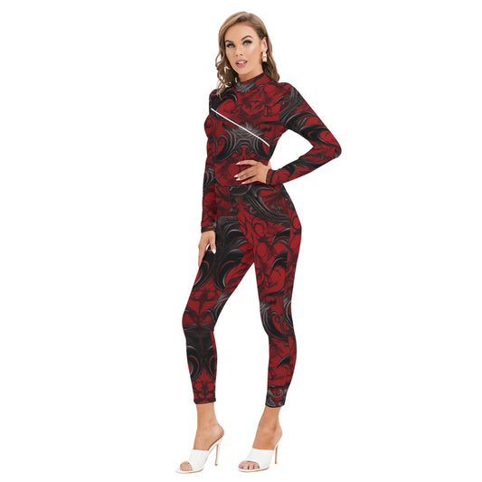 All-Over Print Women's Long-sleeved High-neck Jumpsuit With Zipper