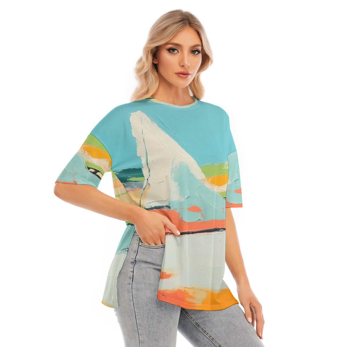 All-Over Print Women's Short Sleeves T-shirt With Hem Split