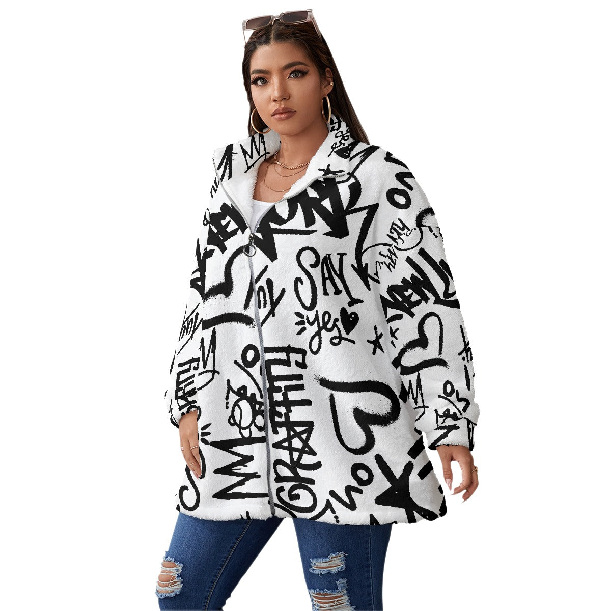 All-Over Print Unisex Borg Fleece Stand-up Collar Coat With Zipper Closure(Plus Size)