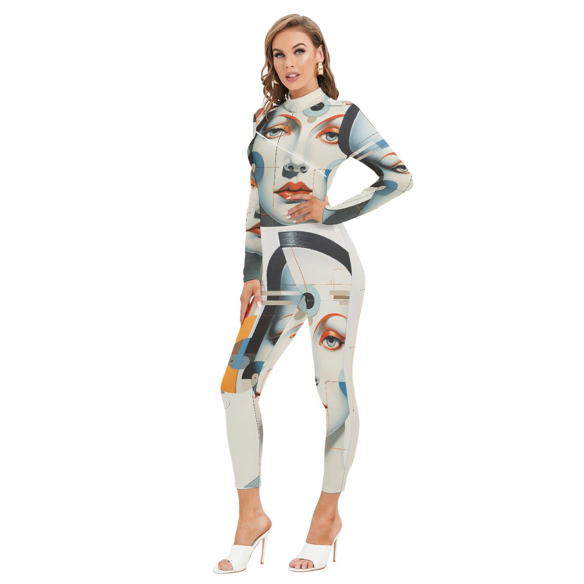 All-Over Print Women's Long-sleeved High-neck Jumpsuit With Zipper
