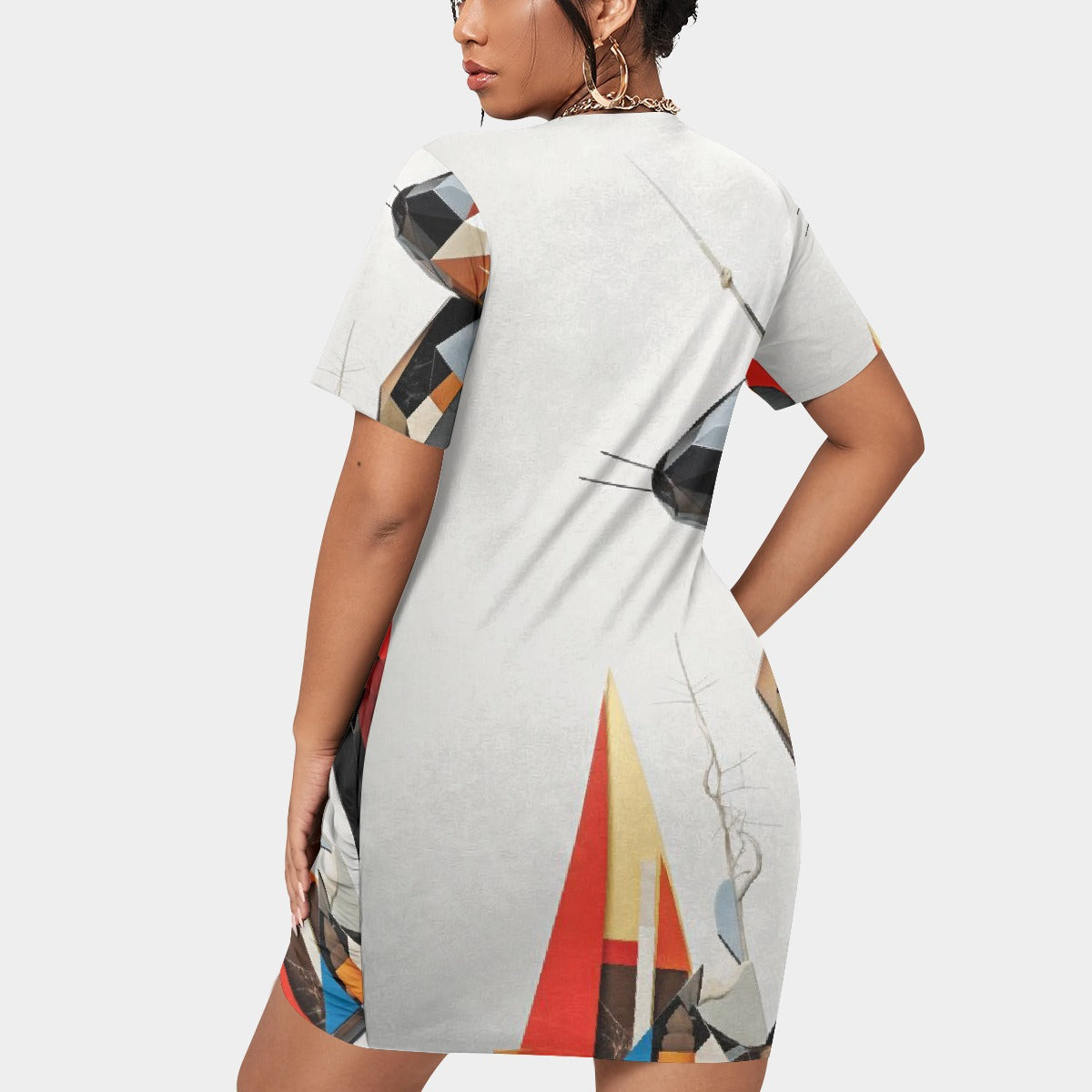 All-Over Print Women’s Stacked Hem Dress With Short Sleeve（Plus Size）