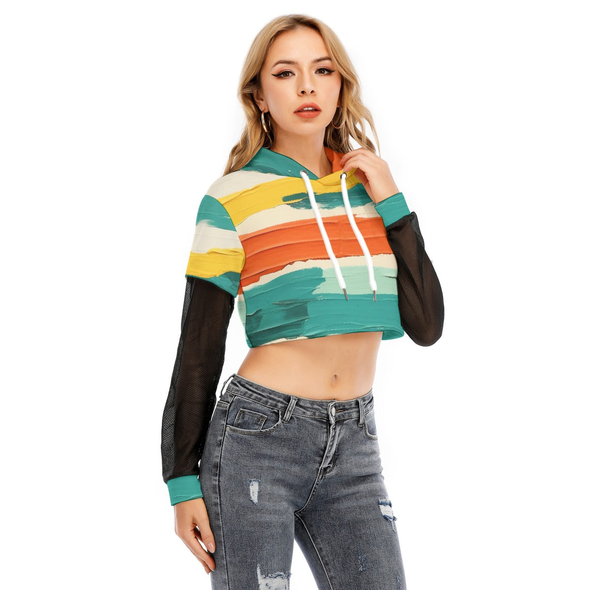 All-Over Print Women's Fake Two-piece Mesh Sleeve Cropped Hoodie