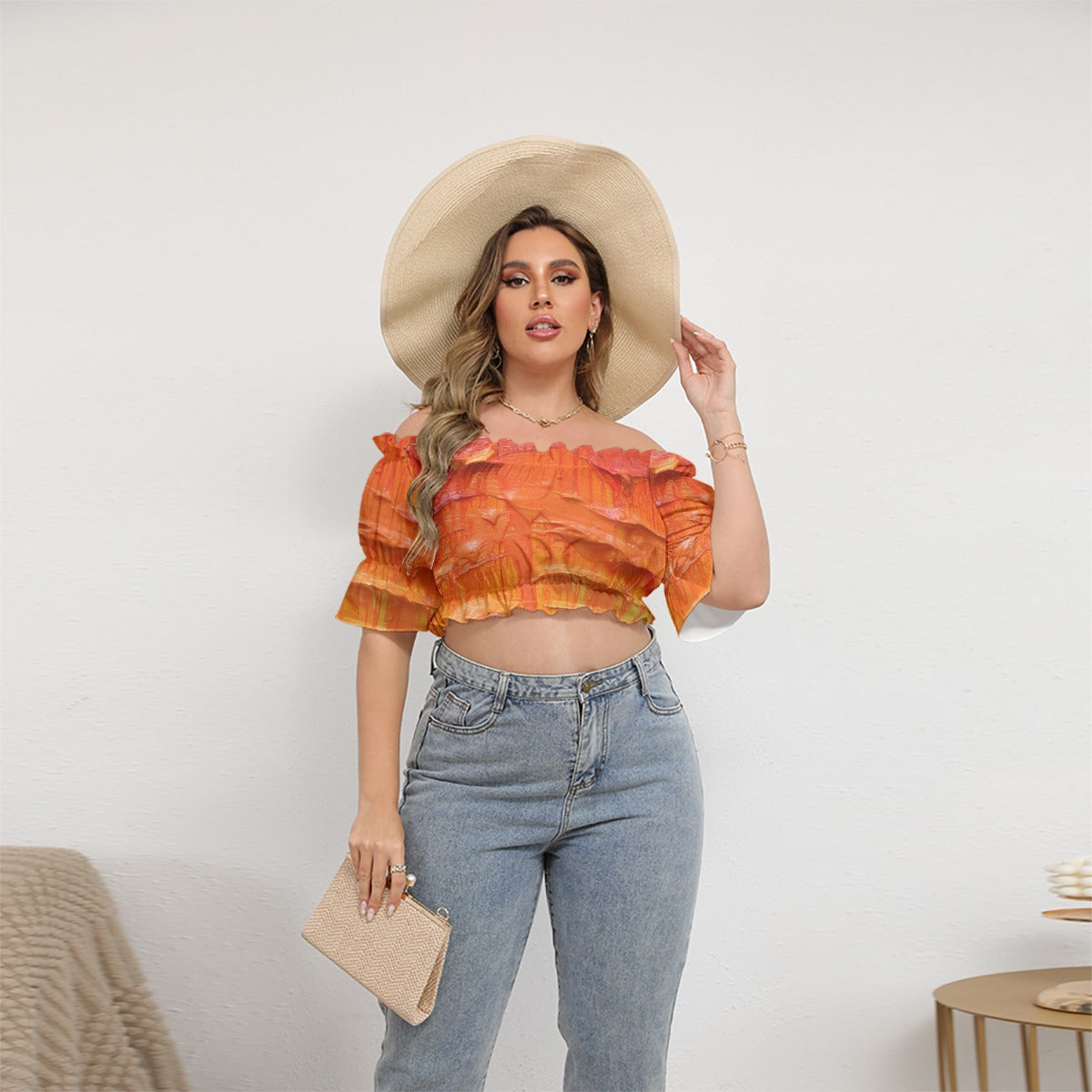 All-Over Print Women's Off-shoulder Cropped Top With Short Puff Sleeve