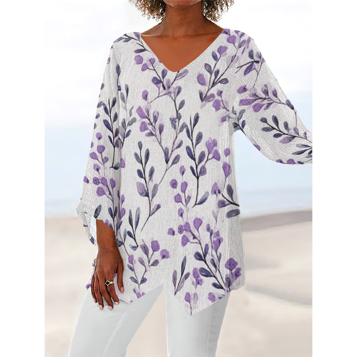 All-Over Print Women's V-neck T-shirt With Irregular Hem