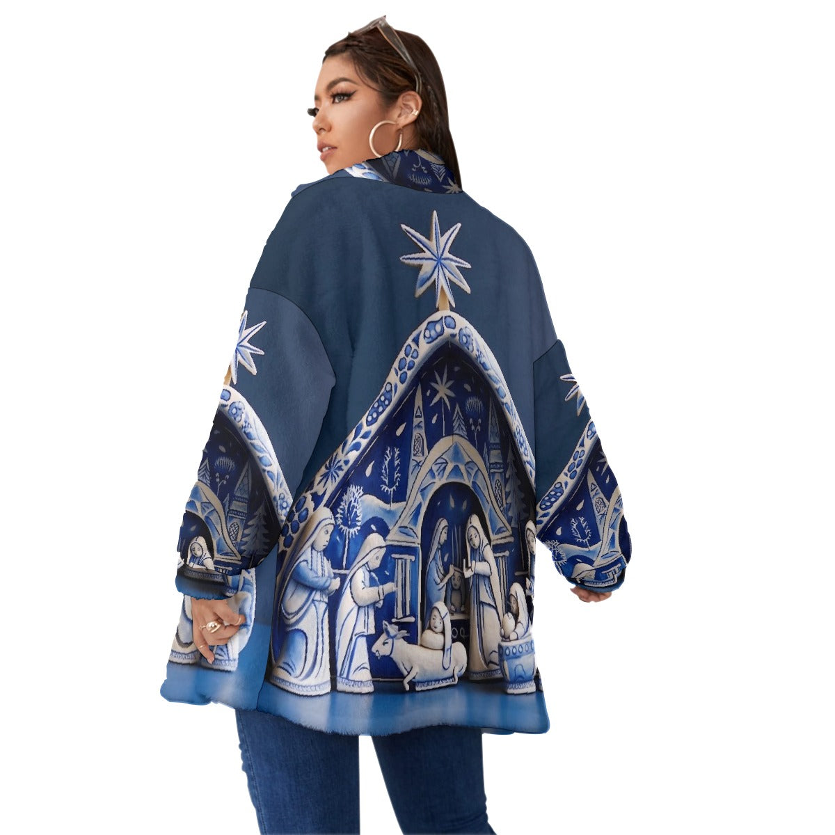 All-Over Print Unisex Borg Fleece Stand-up Collar Coat With Zipper Closure(Plus Size)