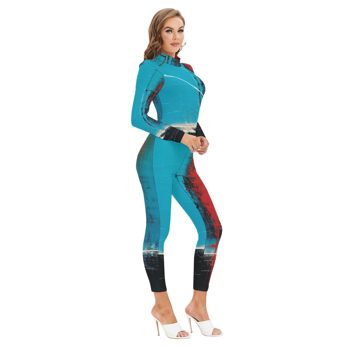 All-Over Print Women's Long-sleeved High-neck Jumpsuit With Zipper