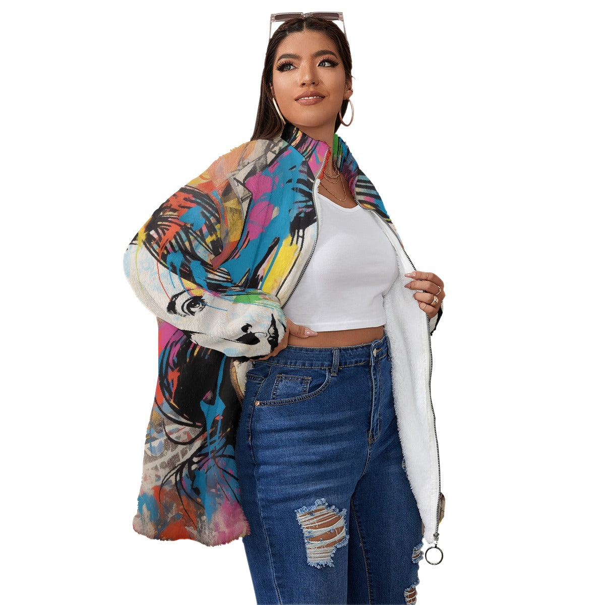 All-Over Print Unisex Borg Fleece Stand-up Collar Coat With Zipper Closure(Plus Size)