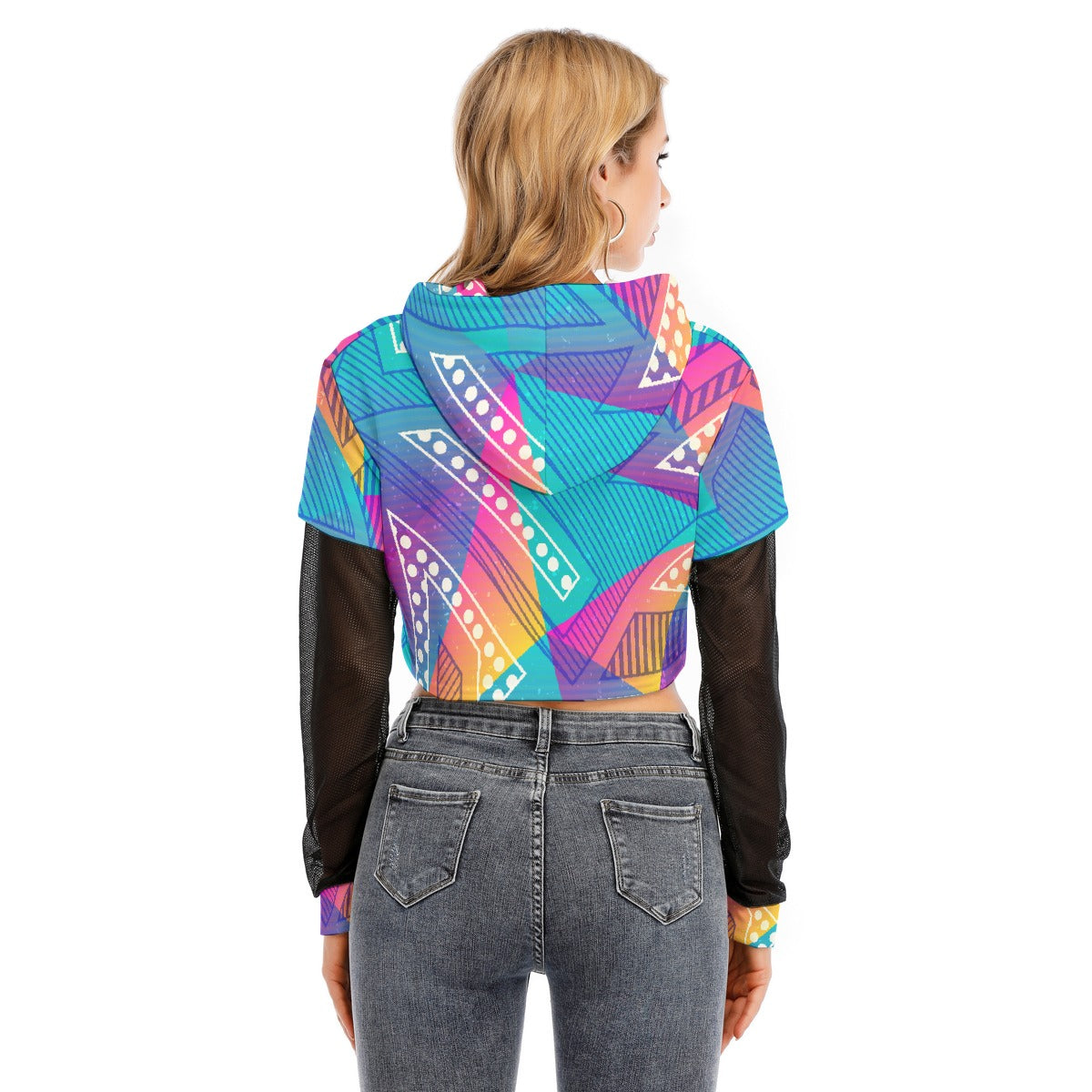 All-Over Print Women's Fake Two-piece Mesh Sleeve Cropped Hoodie