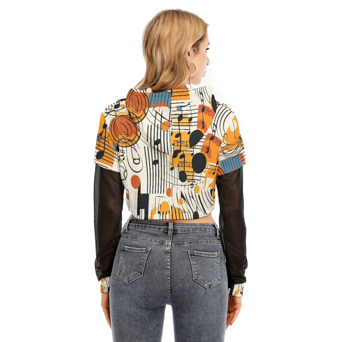 All-Over Print Women's Fake Two-piece Mesh Sleeve Cropped Hoodie