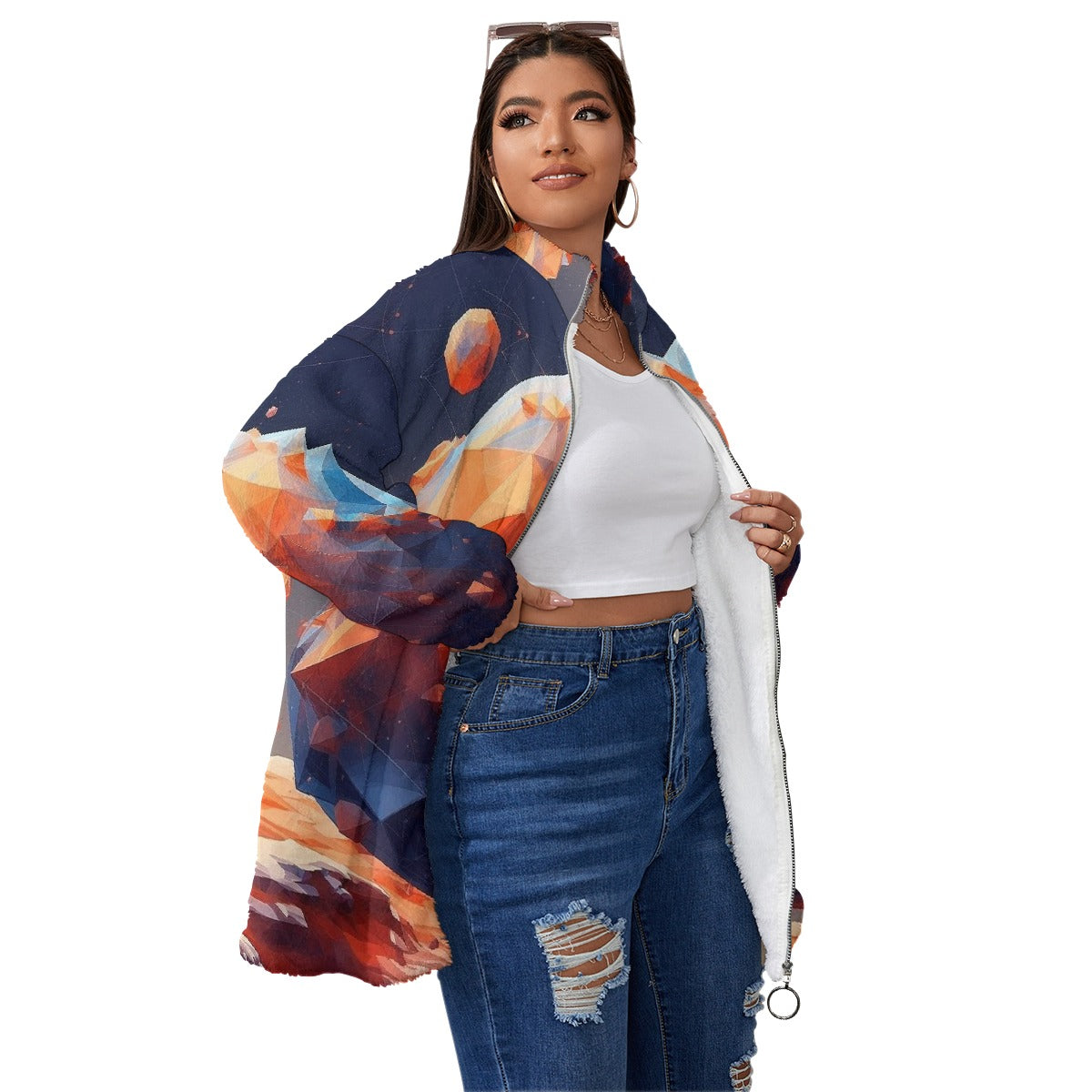 All-Over Print Unisex Borg Fleece Stand-up Collar Coat With Zipper Closure(Plus Size)