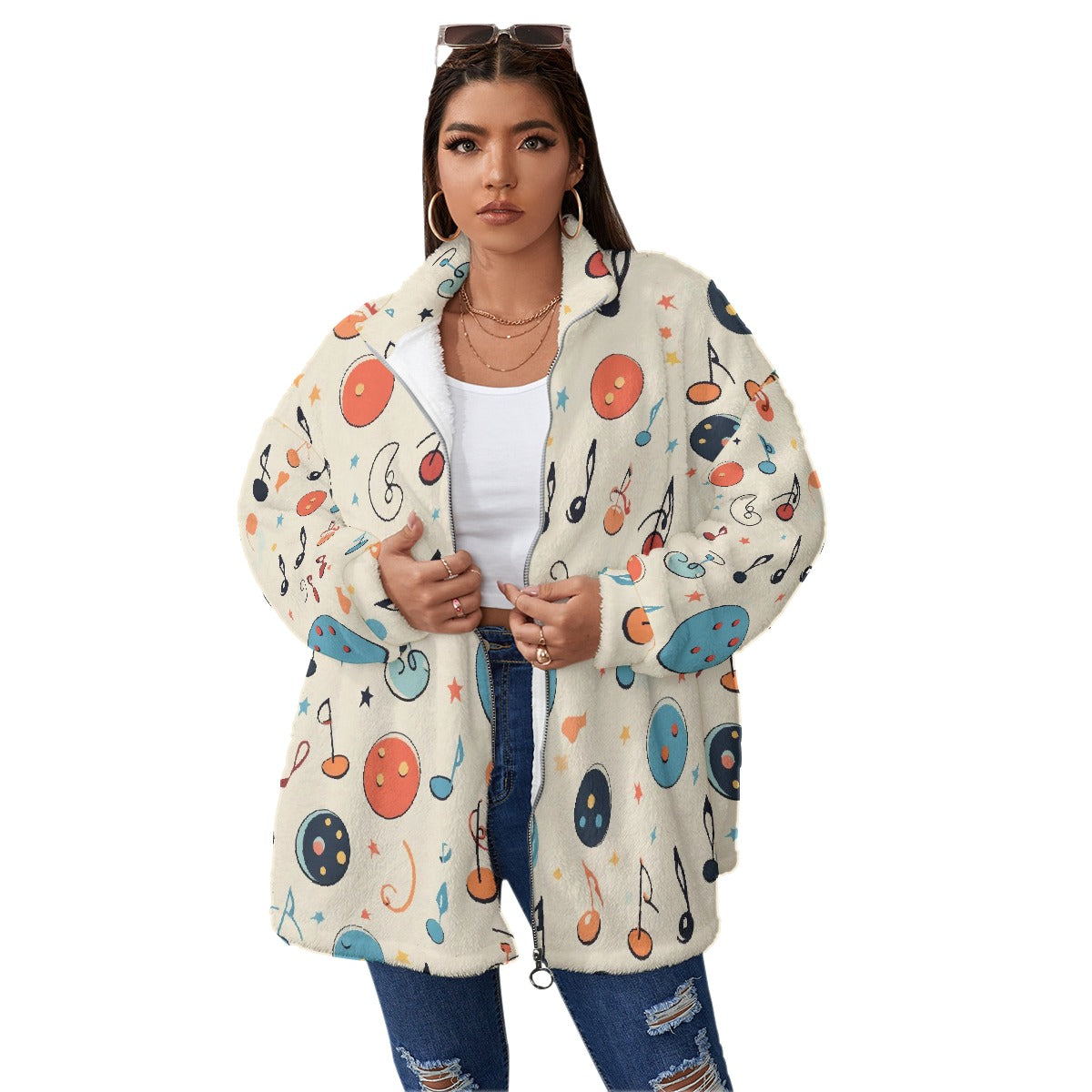 All-Over Print Unisex Borg Fleece Stand-up Collar Coat With Zipper Closure(Plus Size)