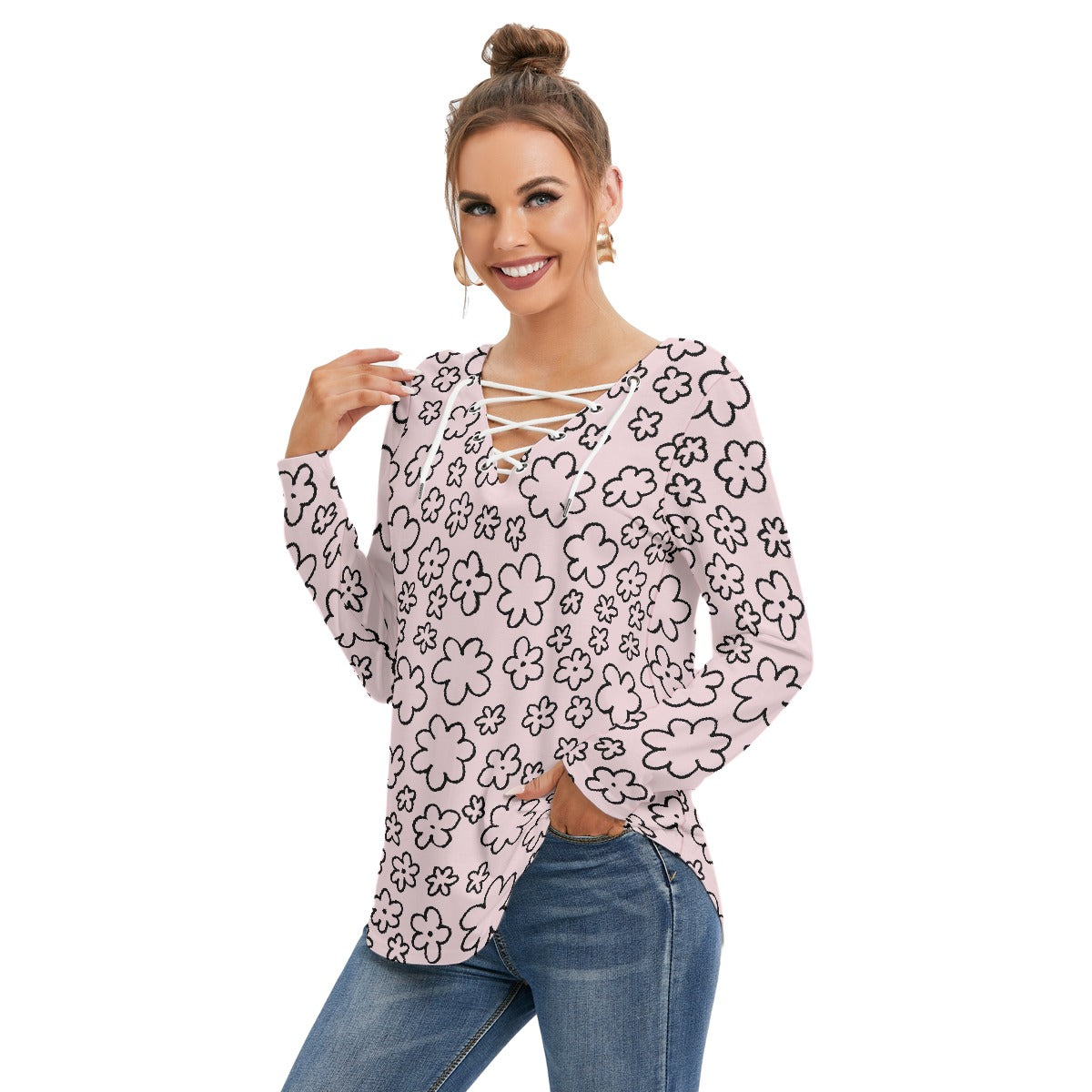 All-Over Print Women's Long Sleeve Neckline Tie Sweatshirt