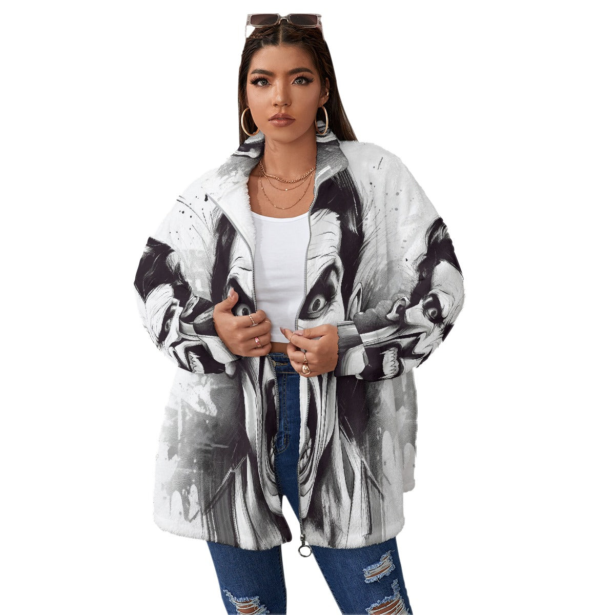 All-Over Print Unisex Borg Fleece Stand-up Collar Coat With Zipper Closure(Plus Size)
