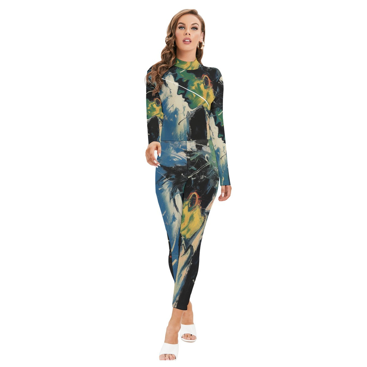 All-Over Print Women's Long-sleeved High-neck Jumpsuit With Zipper