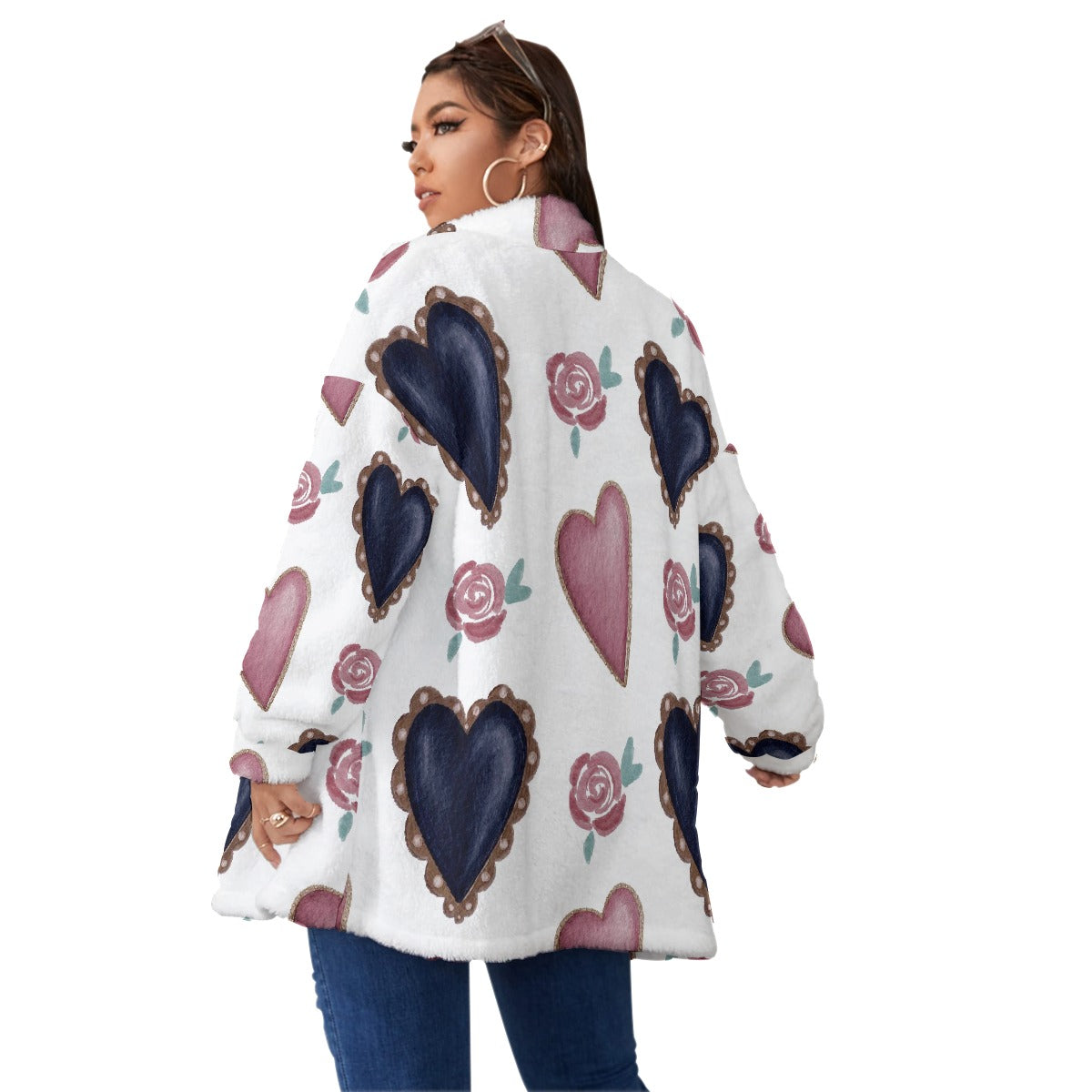 All-Over Print Unisex Borg Fleece Stand-up Collar Coat With Zipper Closure(Plus Size)