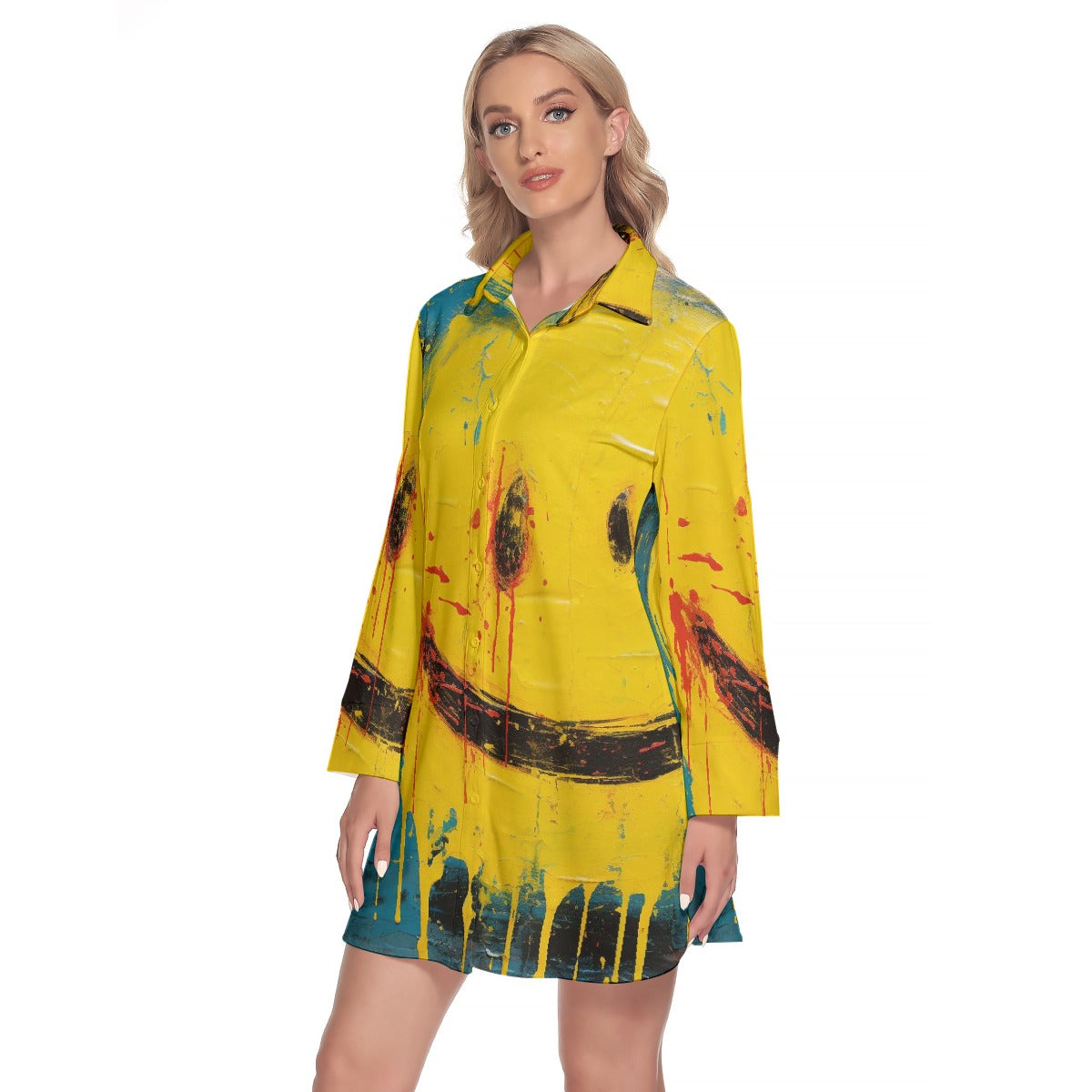 All-Over Print Women's Lapel Shirt Dress With Long Sleeve