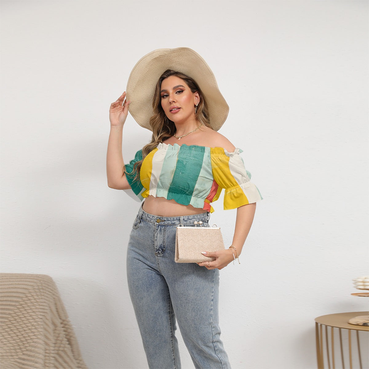 All-Over Print Women's Off-shoulder Cropped Top With Short Puff Sleeve