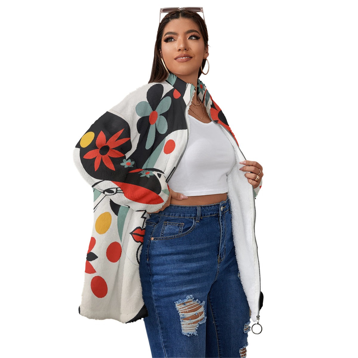 All-Over Print Unisex Borg Fleece Stand-up Collar Coat With Zipper Closure(Plus Size)