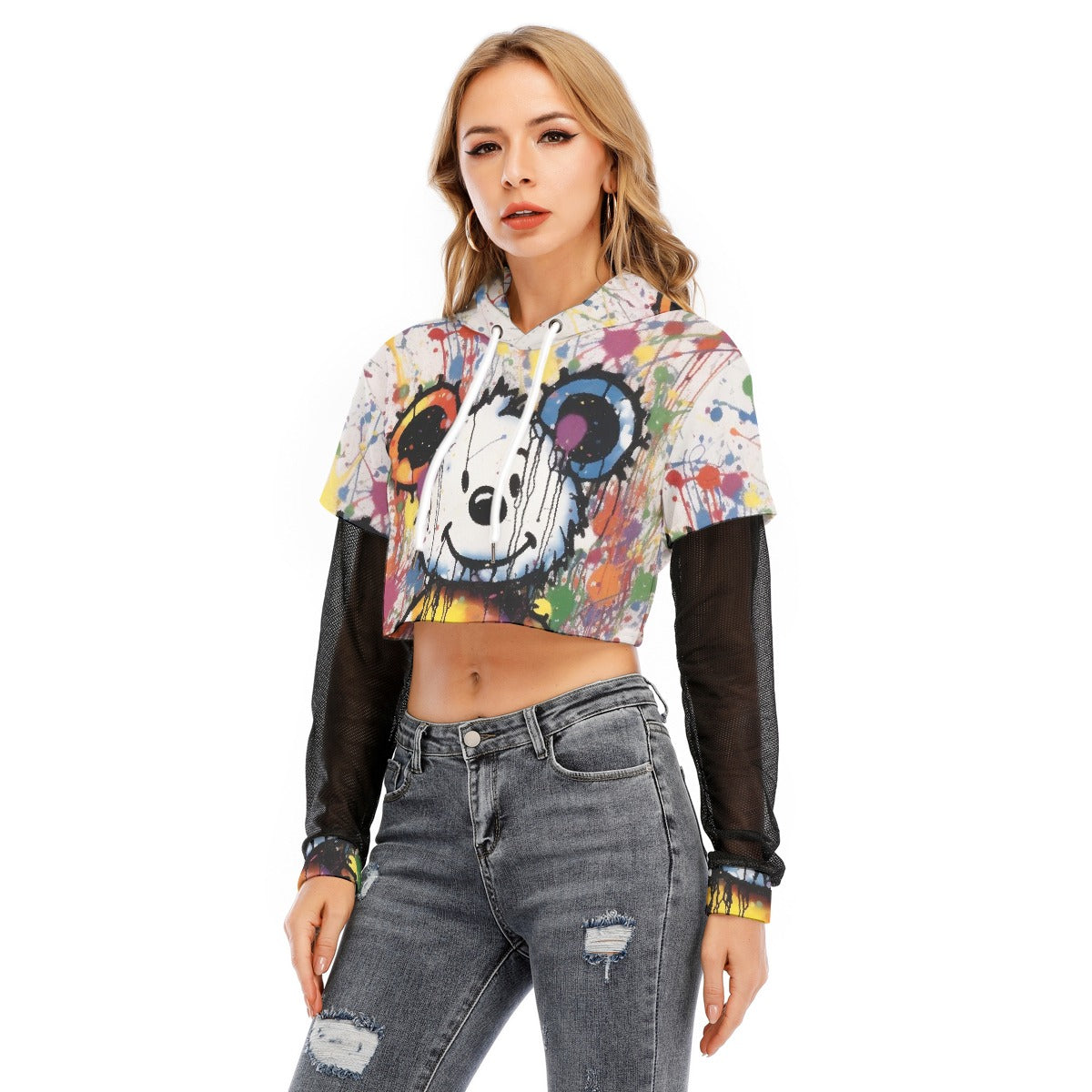 All-Over Print Women's Fake Two-piece Mesh Sleeve Cropped Hoodie
