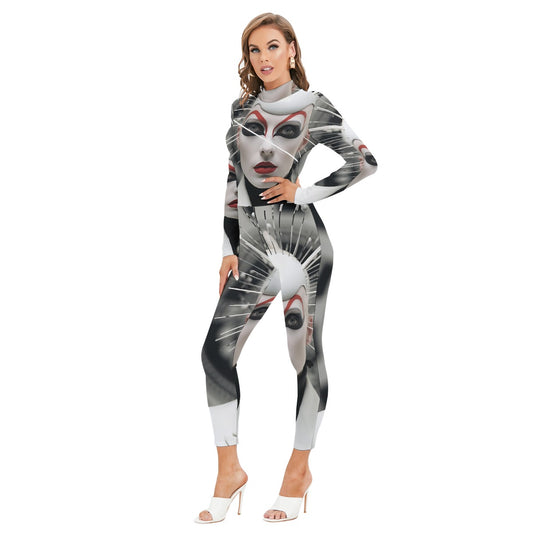 All-Over Print Women's Long-sleeved High-neck Jumpsuit With Zipper
