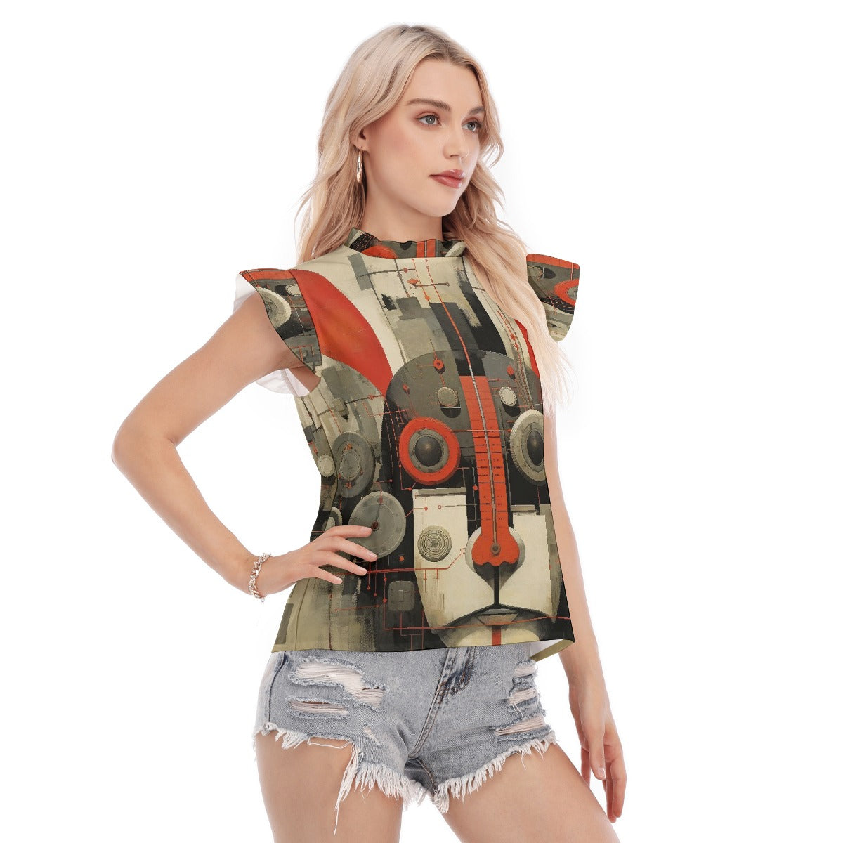 All-Over Print Women's Blouse With Ruffle Collar And Sleeve