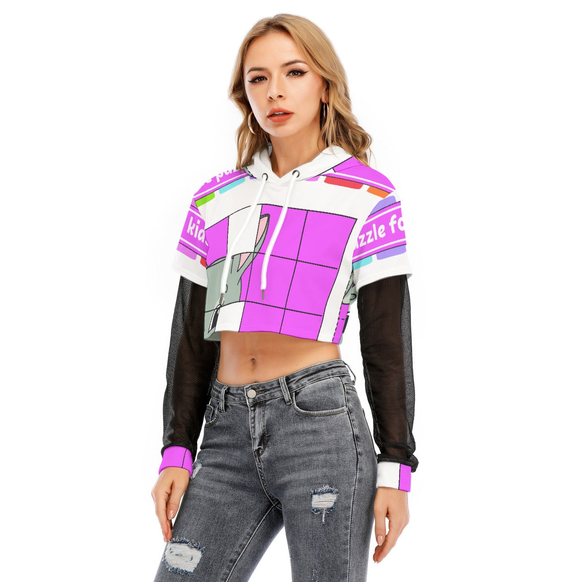 All-Over Print Women's Fake Two-piece Mesh Sleeve Cropped Hoodie