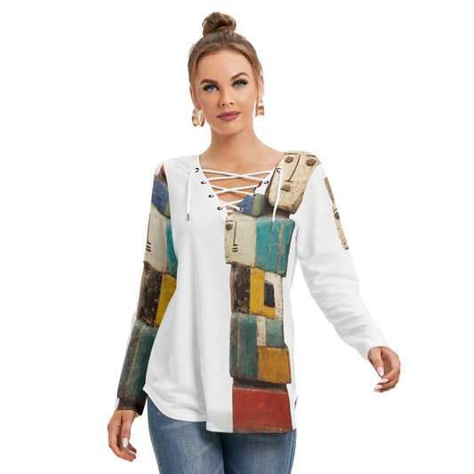 All-Over Print Women's Long Sleeve Neckline Tie Sweatshirt