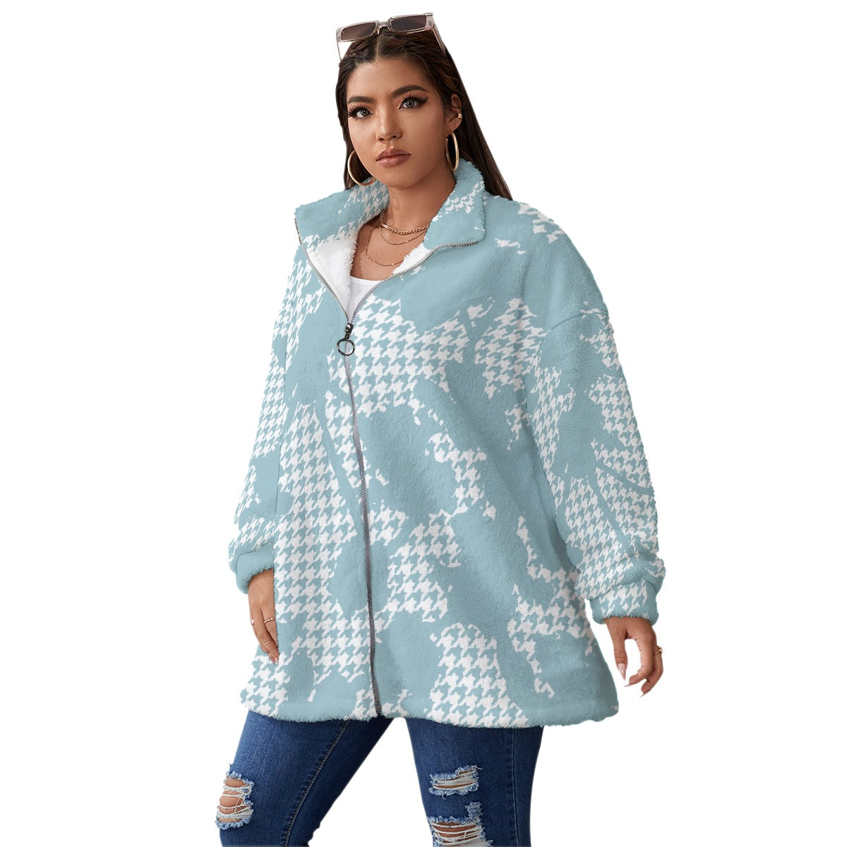 All-Over Print Unisex Borg Fleece Stand-up Collar Coat With Zipper Closure(Plus Size)