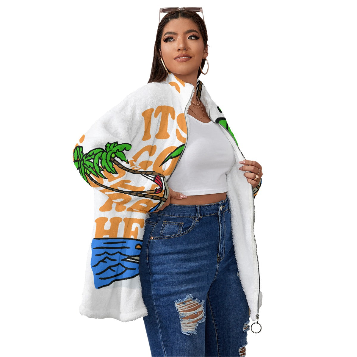 All-Over Print Unisex Borg Fleece Stand-up Collar Coat With Zipper Closure(Plus Size)