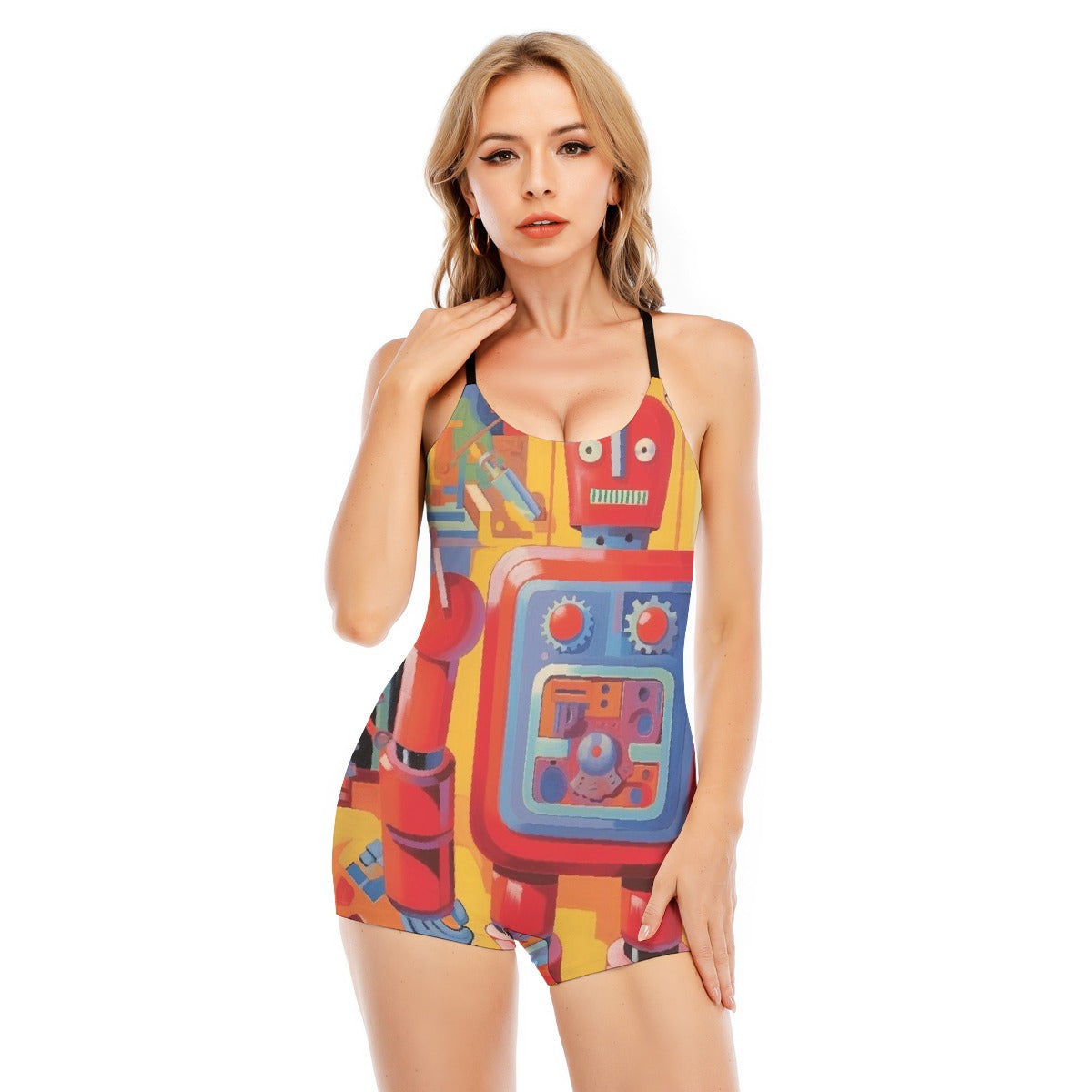 All-Over Print Women's Backless Romper With Black Straps