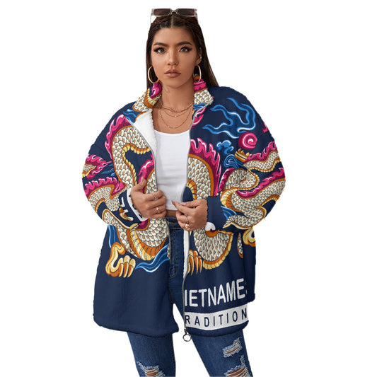 All-Over Print Unisex Borg Fleece Stand-up Collar Coat With Zipper Closure(Plus Size)