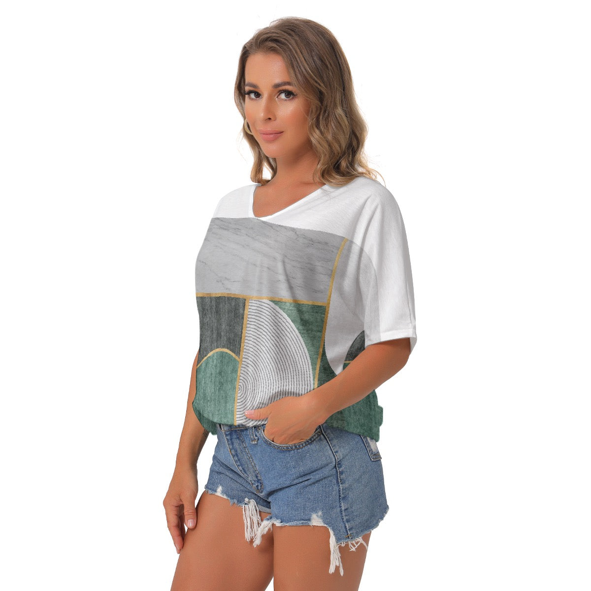 All-Over Print Women's Bat Sleeves V-Neck Blouse