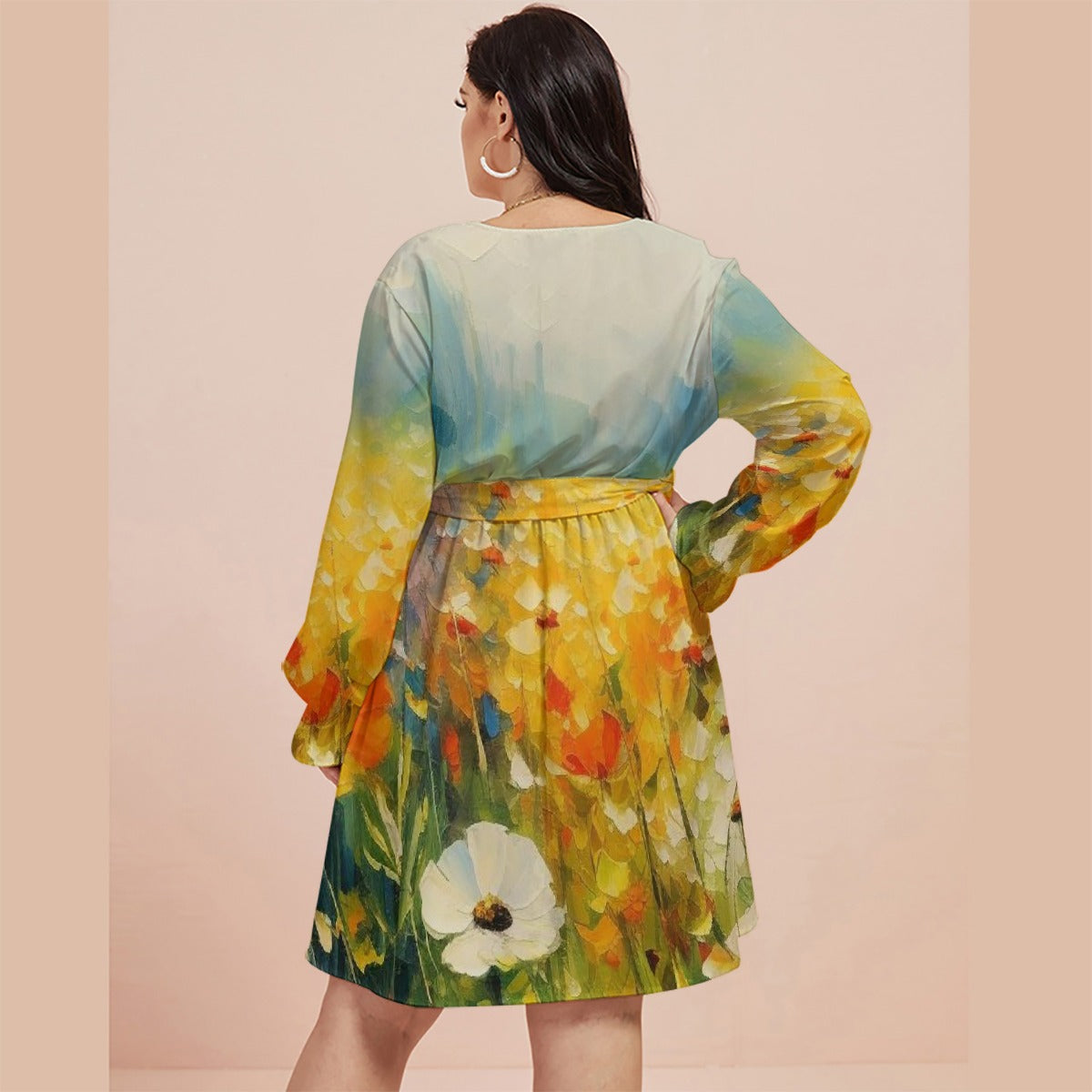 All-Over Print Women's V-neck Dress With Waistband(Plus Size)